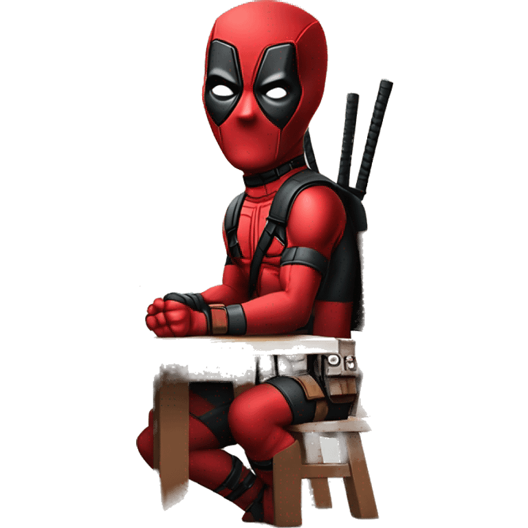 Cute Deadpool sitting at a desk, front view emoji