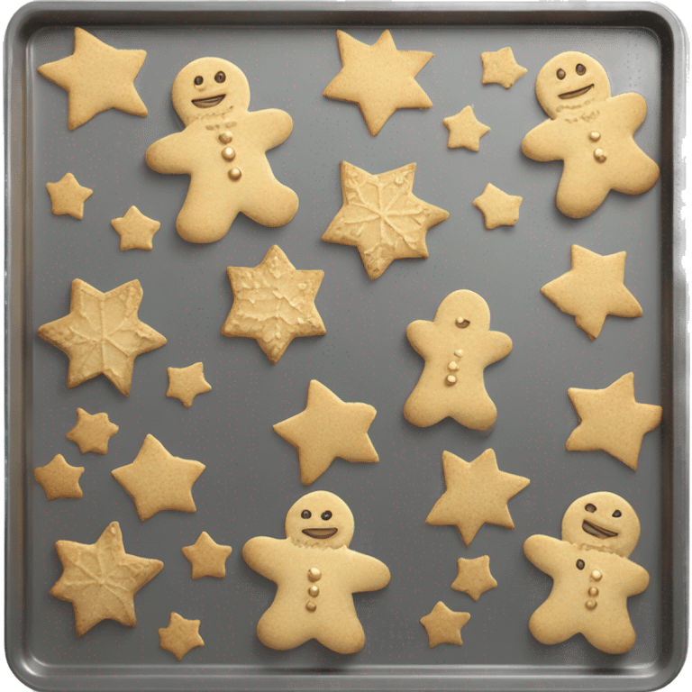 Realistic flat gold cookie baking sheet pan , with christmas cookies arranged on it fresh from the oven. emoji