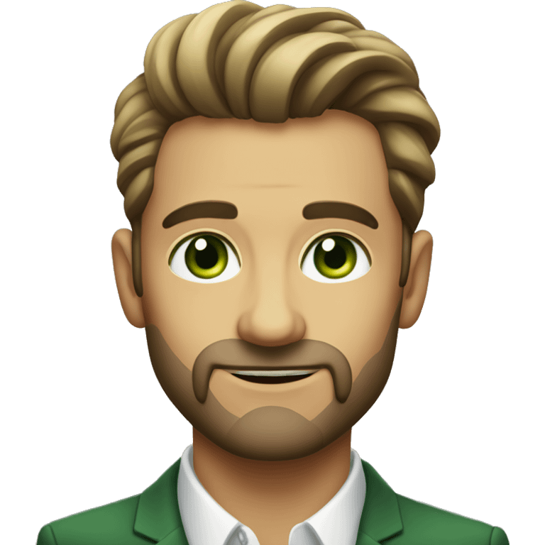 portrait of a stylish man younger and less experienced. No beard, green eyes, younger emoji