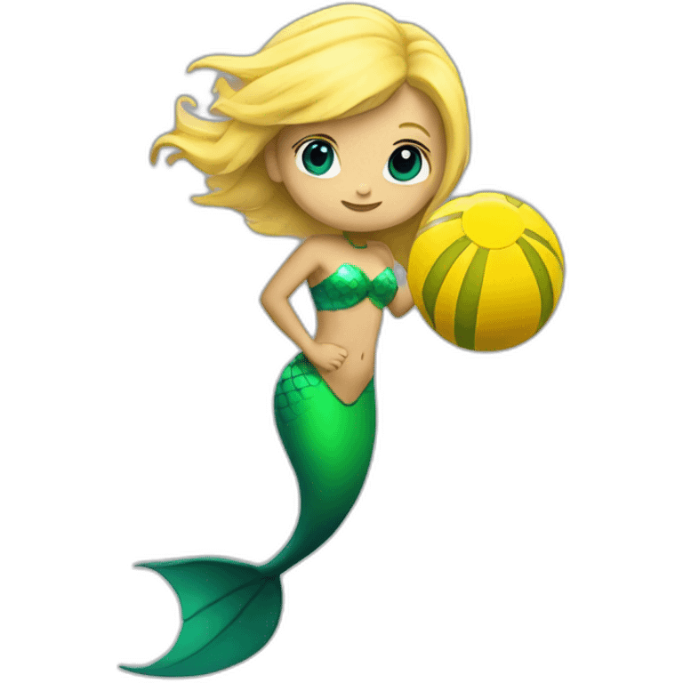 Underwater blond mermaid swimming with fins, snorkel equipement, holding a small yellow ball, looking strong and fighting emoji