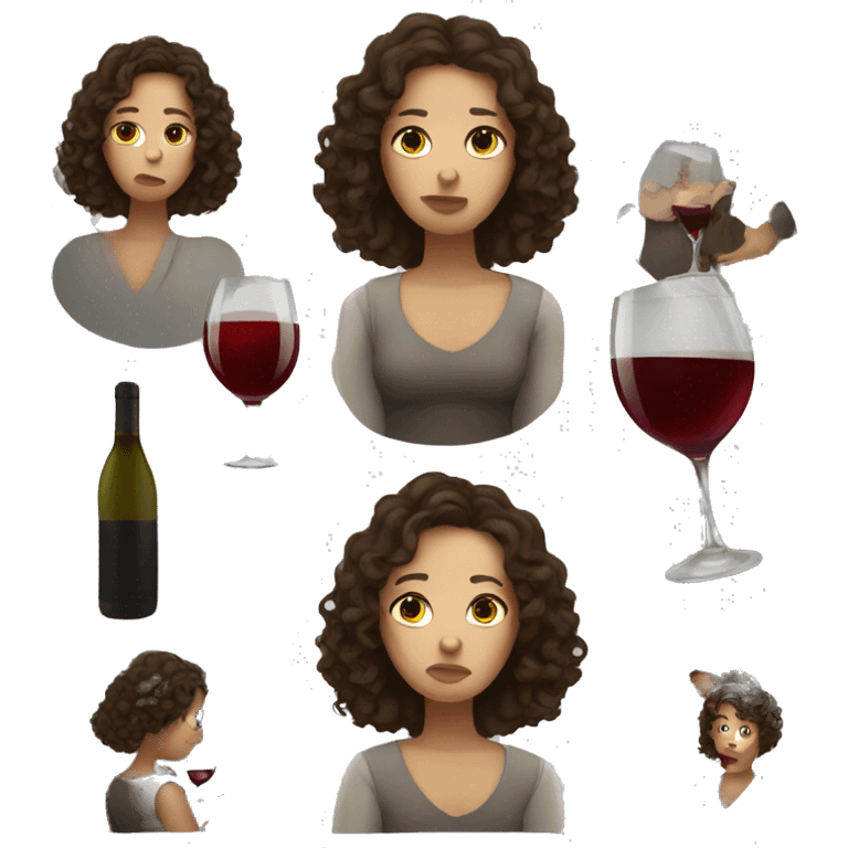 Sad White Woman with curly dark brown hair drinking wine emoji