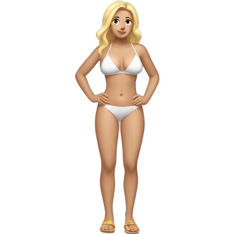 Slim-thicc Caucasian woman bikini hands-in-hair pose (beach body) full body hair legs emoji