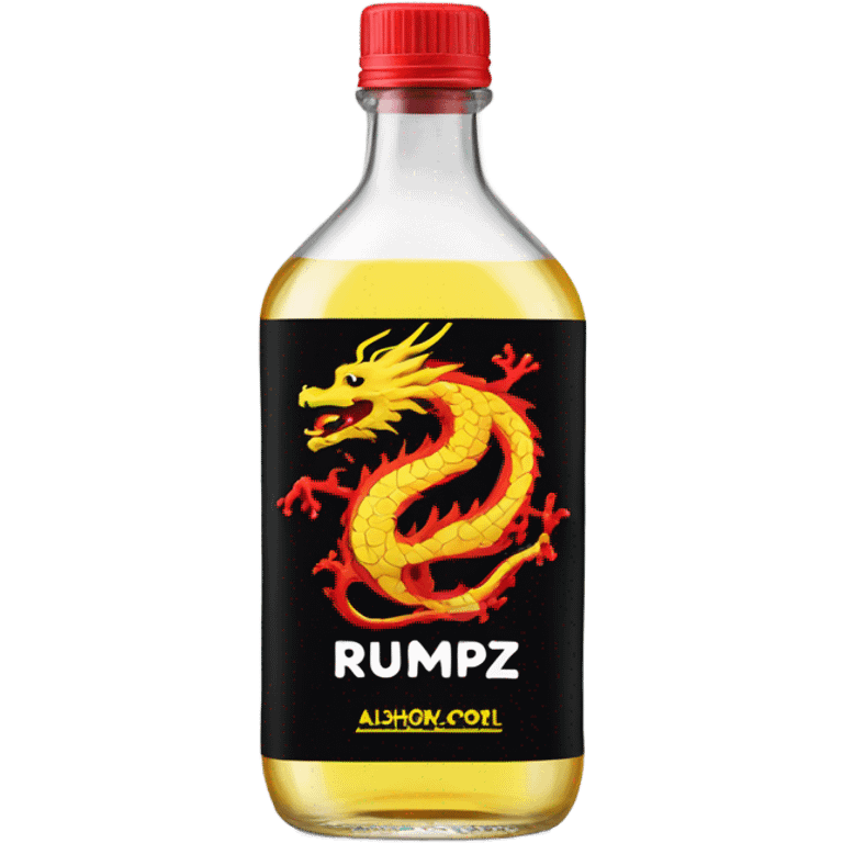 clear bottle with clear alcohol with yellow dragon on a black and red label that says “RUMPZ” alcohol emoji