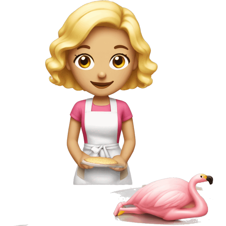 Blonde girl baking with flamingo apron emoji