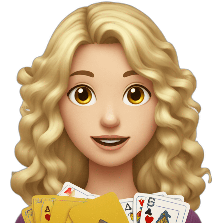 Une fille aux cheveux ondulés déguisée en sorcière avec des cartes dans la main emoji