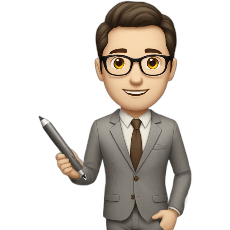 Pale skinned fit man with dark brown hair in gray jacket, beige office shirt, brown tie, brown pants and vintage glasses Writing text on a marker board emoji