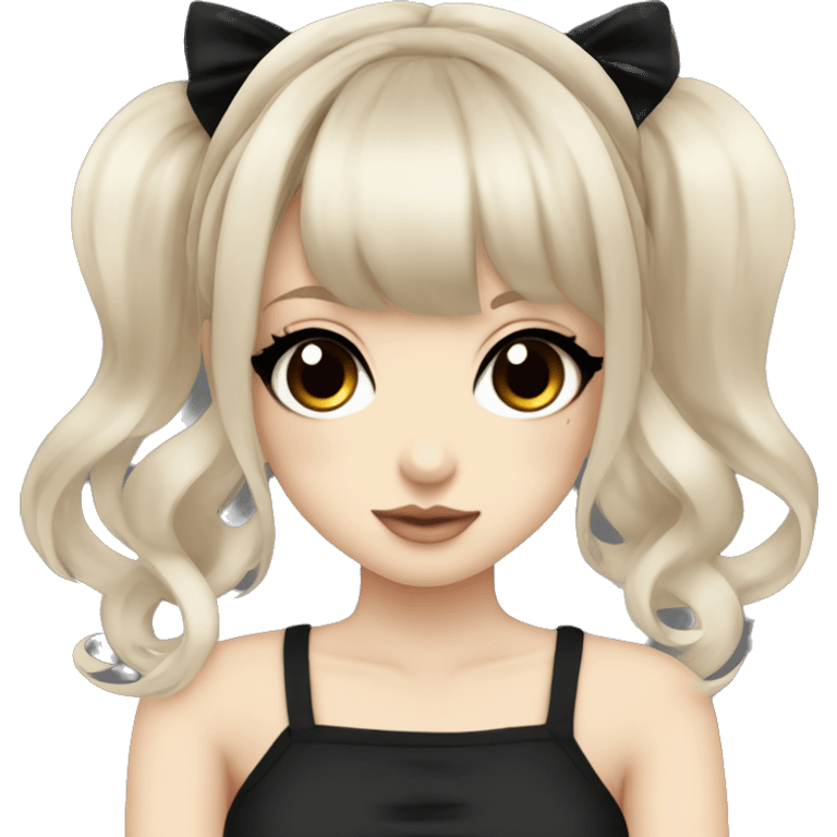 hime gyaru girl, tattoos, pale skin with brown eyes and black hair with bangs, dark makeup, black shirt emoji