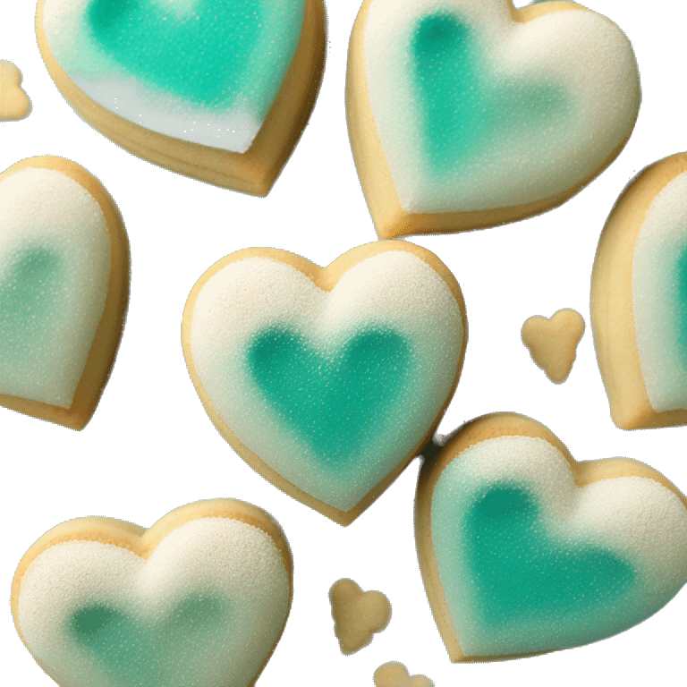 Realistic shortbread cookie in the shape of a heart with teal jelly middle filling and sprinkled powder sugar on top. emoji