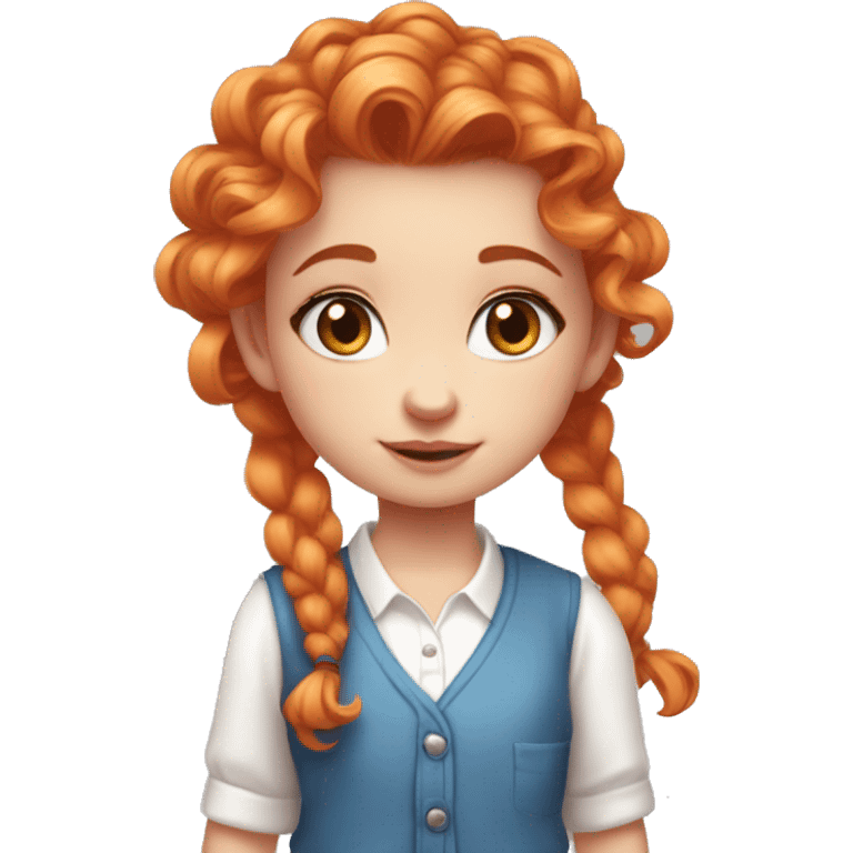 a Small girl with saturated orange hair that is curly and long but with a smaller pony tail on the said with a pink heart hair clip. blue eyes. A white button down shirt and pink cardigan over the top emoji