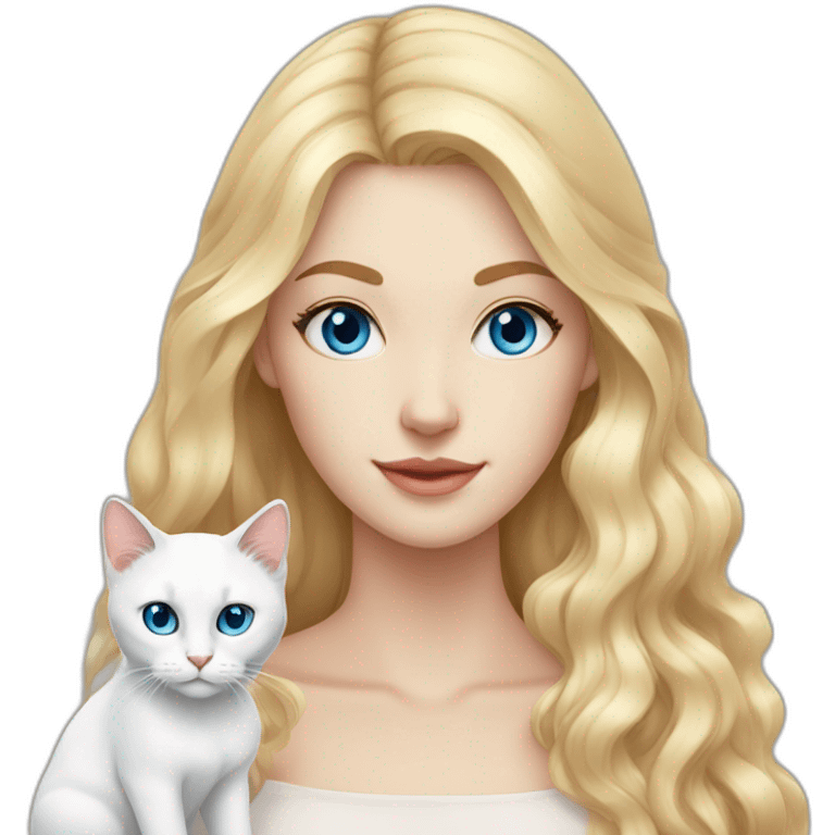 White woman with long blonde hair, blue eyes, white cat with heterochromia emoji