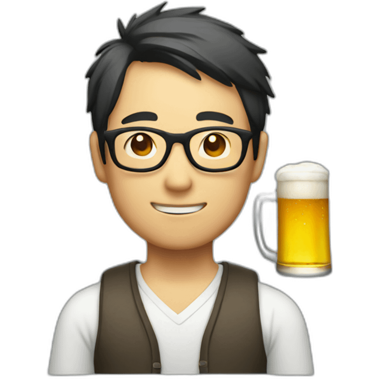 Japanese man wearing glasses holding beer emoji