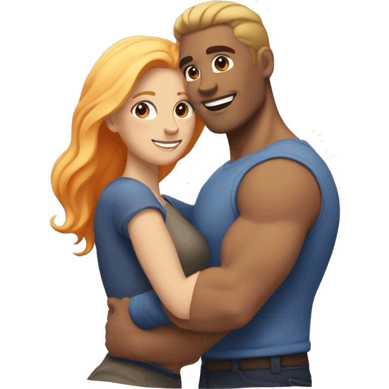 
A muscular, well-shaped, brunette man and a woman with light blonde and orange hair hugging him. emoji