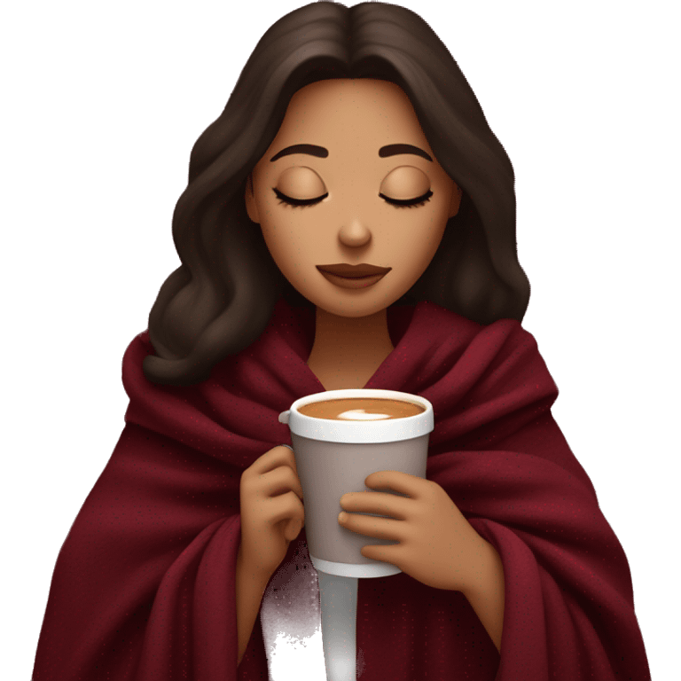 Brunette girl inside a burgundy blanket sipping coffee eyes closed emoji