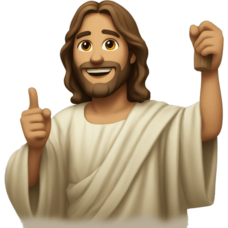 Jesus holding up a July emoji