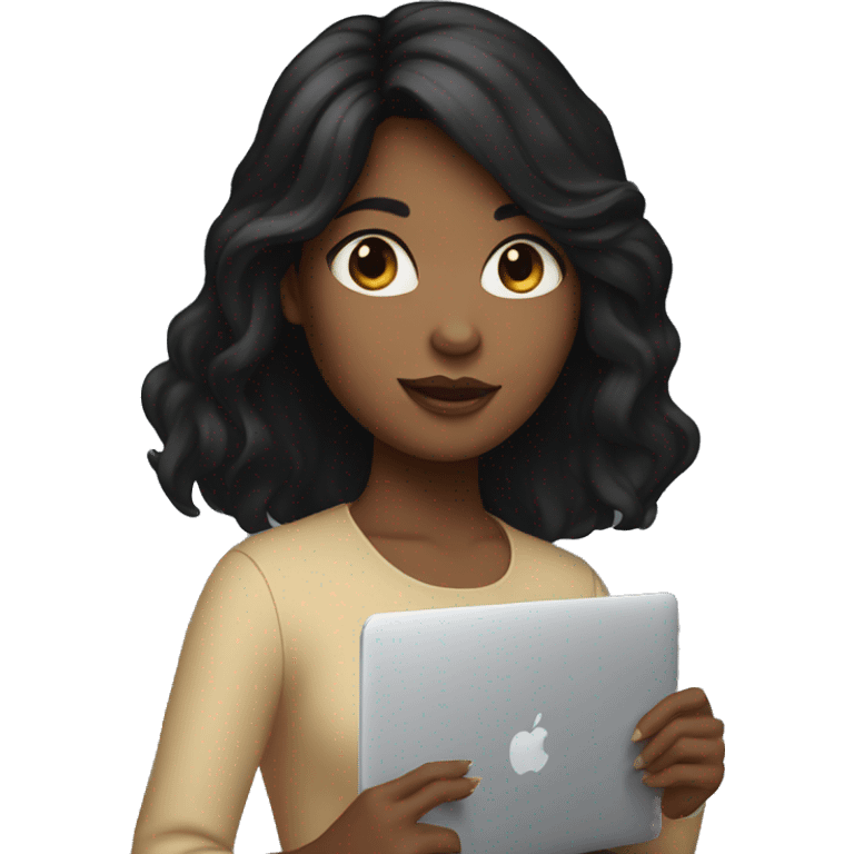 Girl with black hair and brown skin hold macbook emoji