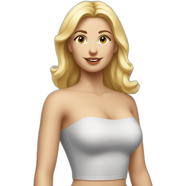 hyperrealistic caucasian long blonde woman white v-neck strapless gray tight mini skirt emoji