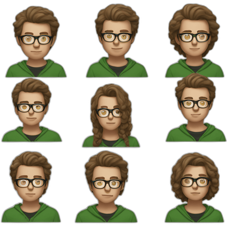 21 year old, white man, swooped brown hair, clear glasses, wide head, green hoodie emoji