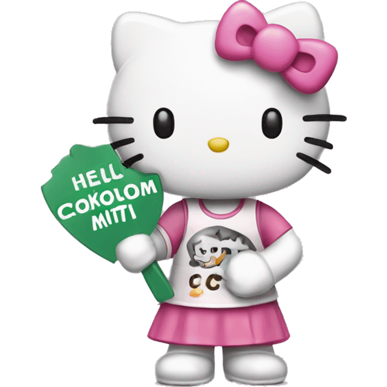 hello kitty holding a sign that says “Csókolom Mitzi” emoji