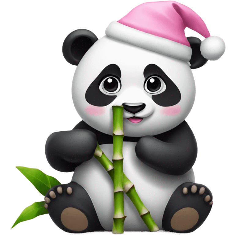 panda with pastel pink christmas hat eating bamboo emoji