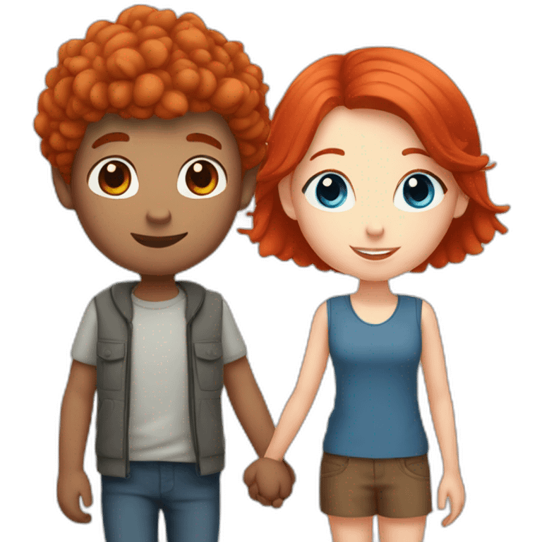 Blue eyed short haired boy and red haired girl holding hands emoji