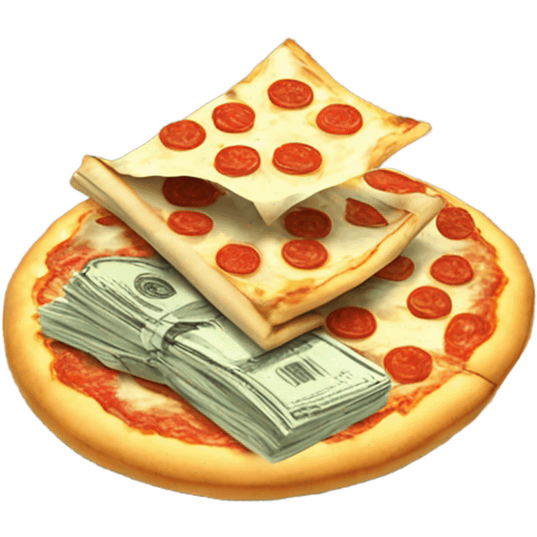 A stack of hundred dollar bills flying through pizza shop emoji