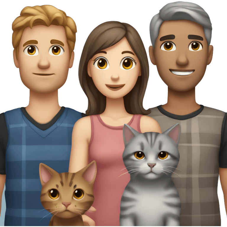 Family girl with brown hair and hezel eyes, a tabby gray kitten, a gray Scottish cat and a man with black short hair with brown eyes emoji