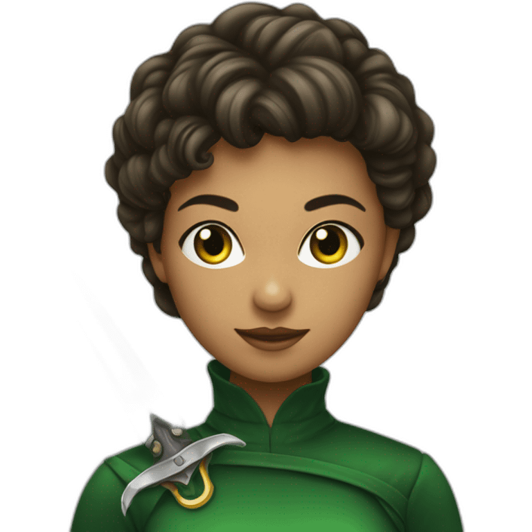 Mulher cabelo escuro liso longo olhos verdes com uma espada emoji