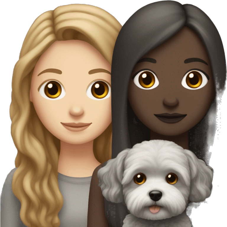 White Girl with brown long straight hair, holding a dark gray maltipoo with a white snout emoji