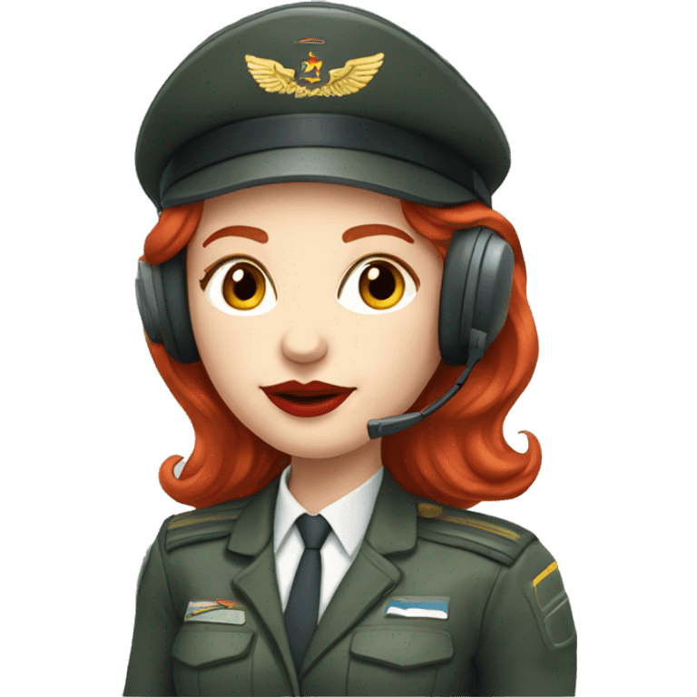 Redhead Russian pilot girl with red lips with airplane pilot headset   emoji