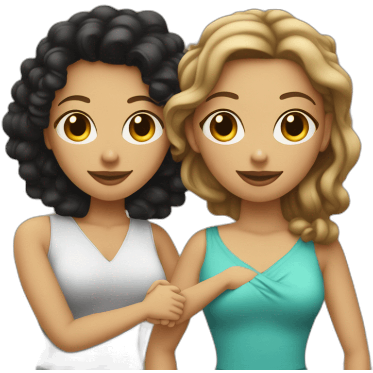 tan curvy woman with black curly hair shakes hands with a curvy pale woman who has straight light brown hair emoji