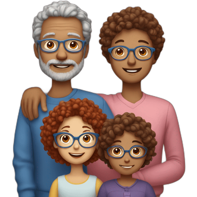 family of four father with gray hair mother with red curly hair and blue glasses son with brown hair and little daughter with curly brown hair emoji