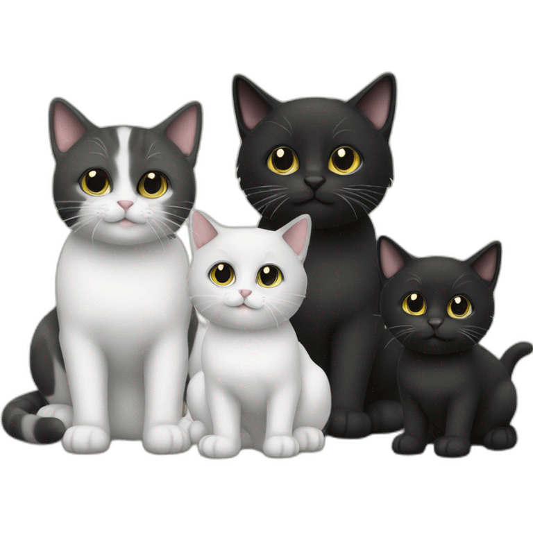 Family of 3 cats, a black one and 2 black and white emoji