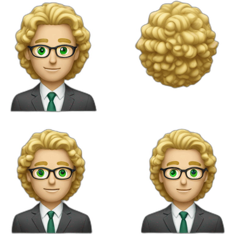 CEO blond man with glasses with green eyes and curly hair emoji