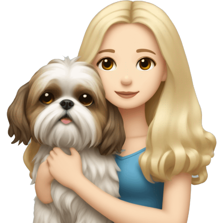 human girl with long wavy blonde hair hugging a brunette colored shih tzu girl with bow emoji