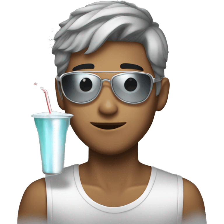 Silver short haired young guy with blindfold drinking boba emoji