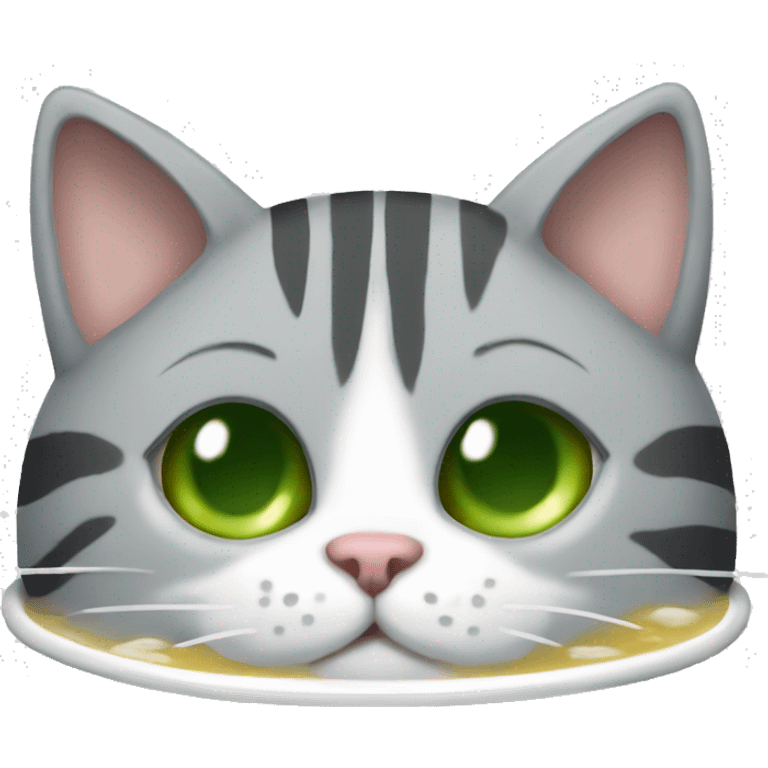 A striped grey cat with green eyes drinking boba emoji