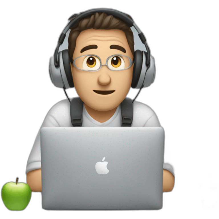 Un chico trabajando con ecosistema apple (Macbook, auriculares y mouse) emoji