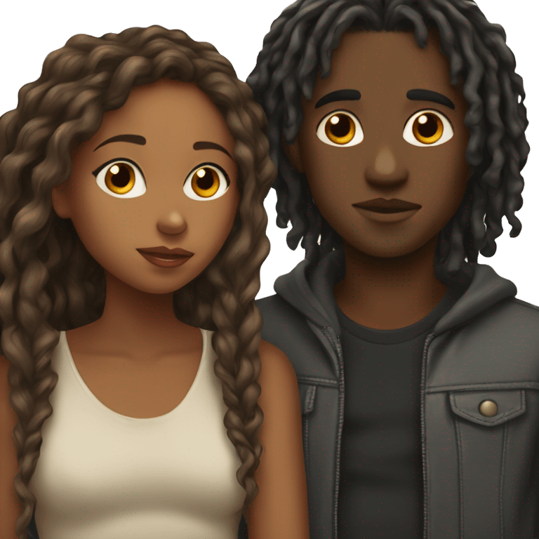 Brown girl with wavy hair kissing black boy who has dreads  emoji