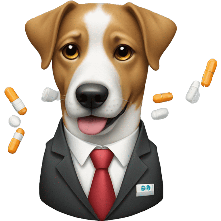 Dog wearing a suit and tie taking pills emoji