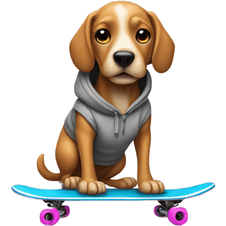 Dog standing on a skateboard wearing a hoodie emoji