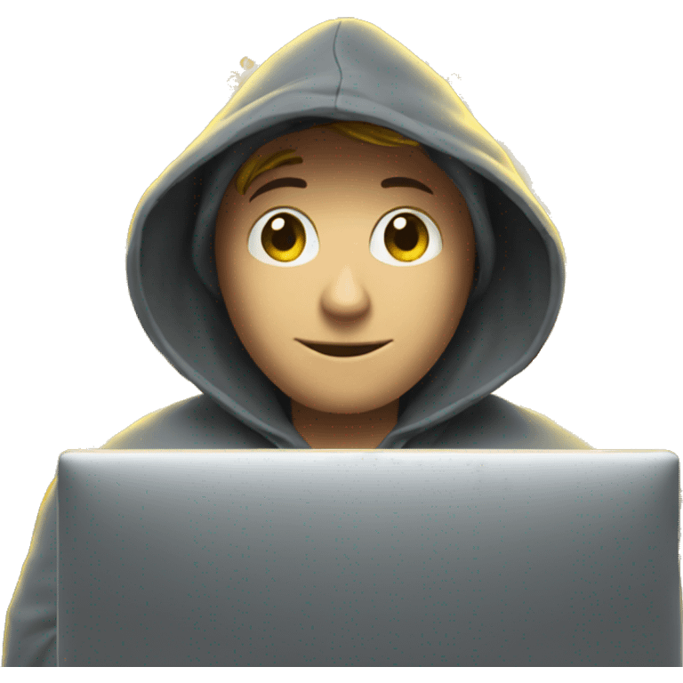 An emoji representing a wizard wearing a hoodie, sitting in front of a computer with lines of code floating around them. emoji