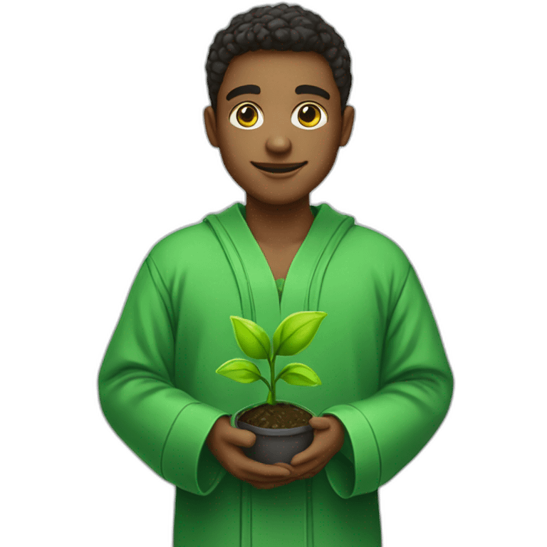 a student in a green robe with a green sprout in his hands. emoji