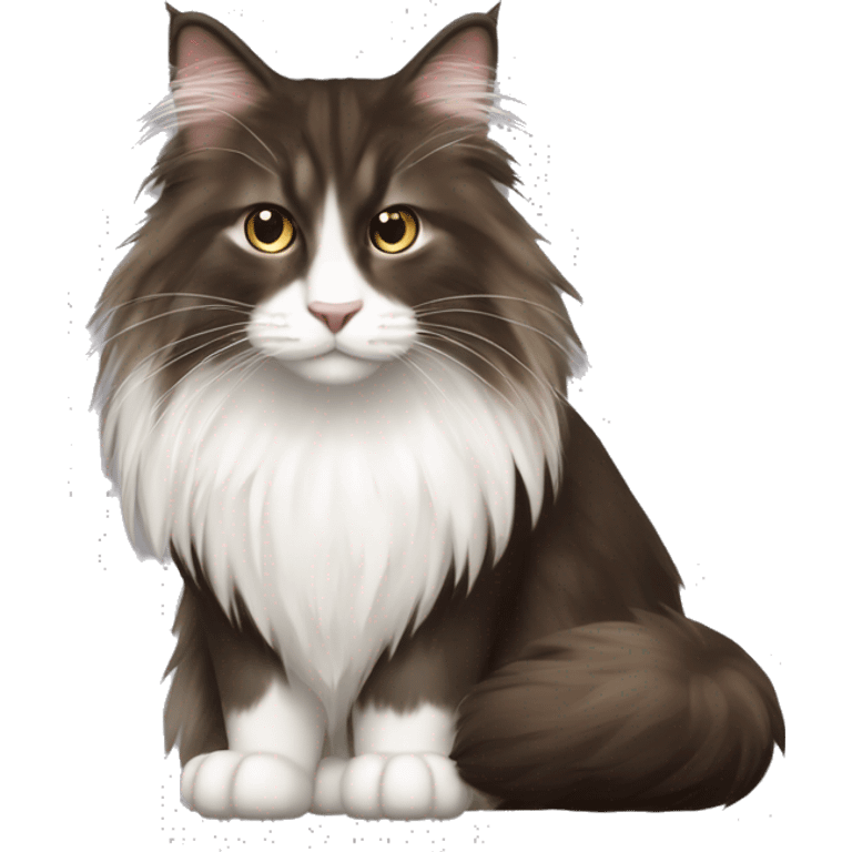 Norwegian forest cat with brown very dark long fur and white neck fur and white nose  emoji