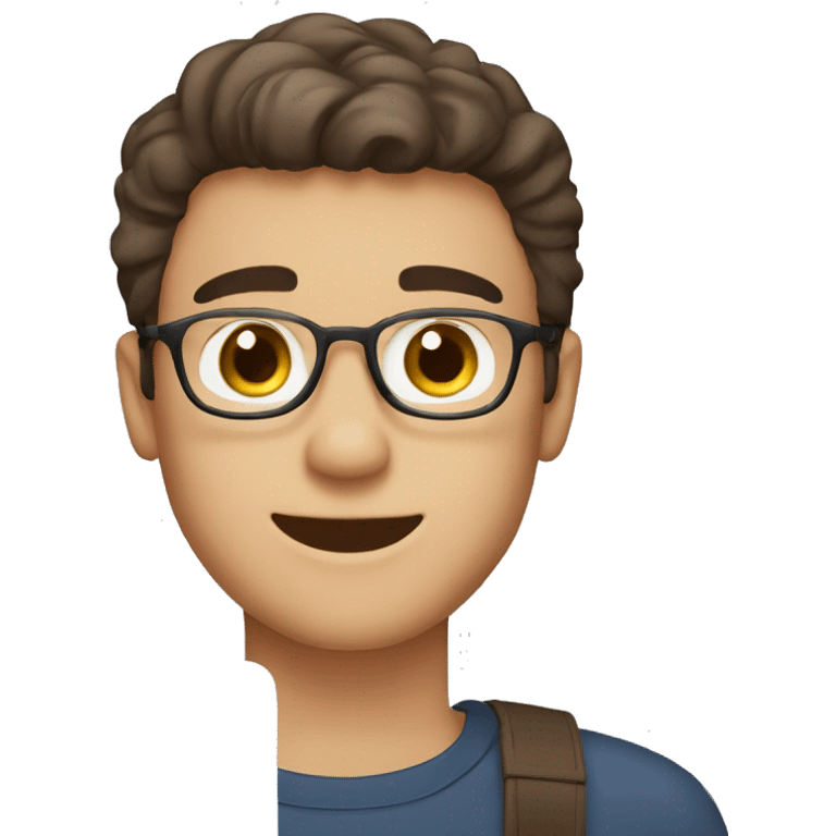 Generate me an emoji of a guy with macbook ( student ). He looks happy. He has light skin, dark-brown hair and brow eyes    emoji