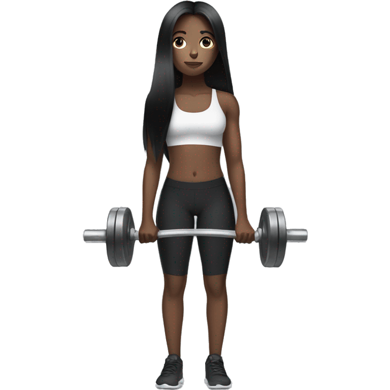 Pale girl with long black hair lifting weights emoji