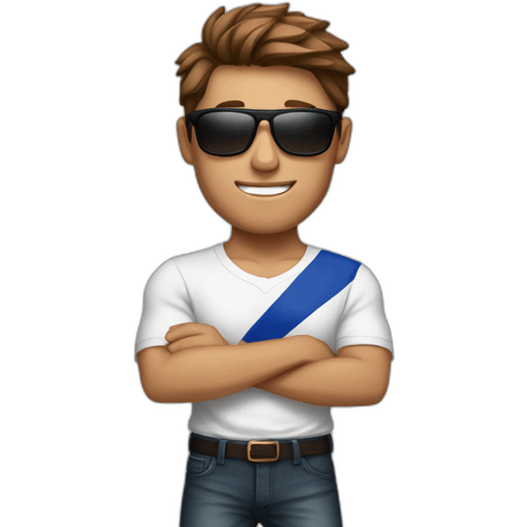 A young fit man with a white shirt and sunglasses on his hair with brown hair and a French flag in his hand emoji