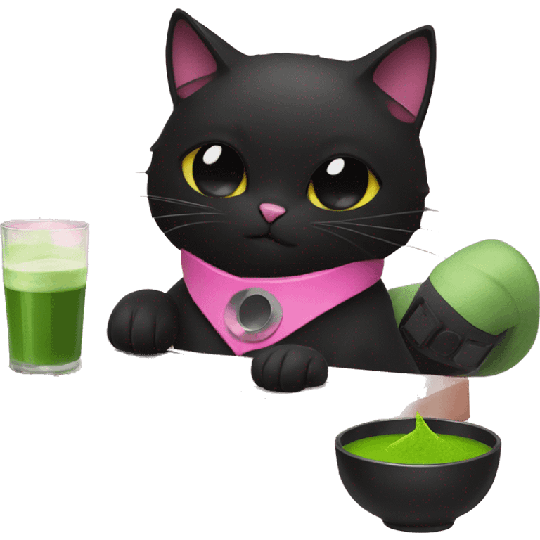 black cat with pink collar drinking matcha next to dj deck emoji