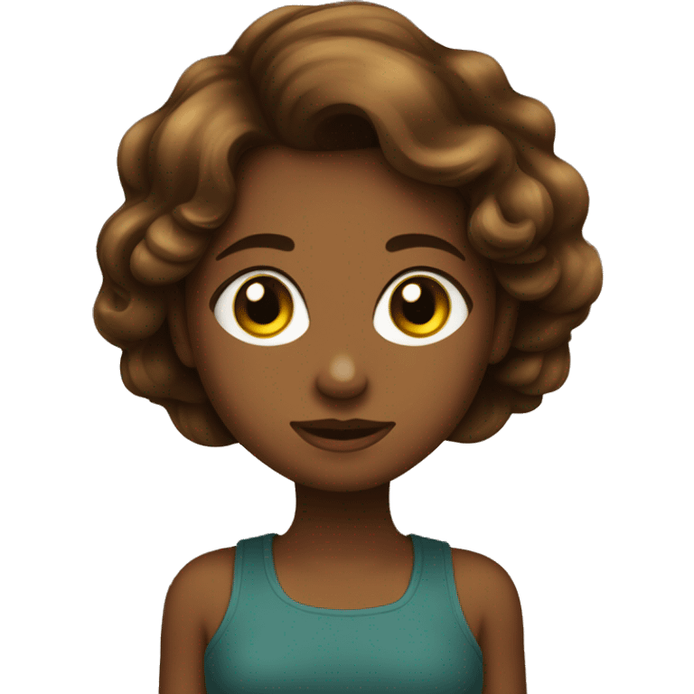 menina pele beje clara com olho castanho escuro, cabelo no ombro castanho ondulado e com um cachorro grande dourado. emoji