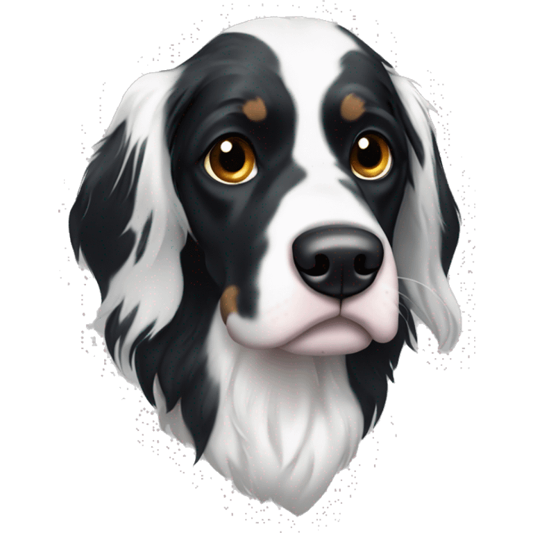 black and white English Setter face with asymmetrical black eye patches and zero brown fur emoji