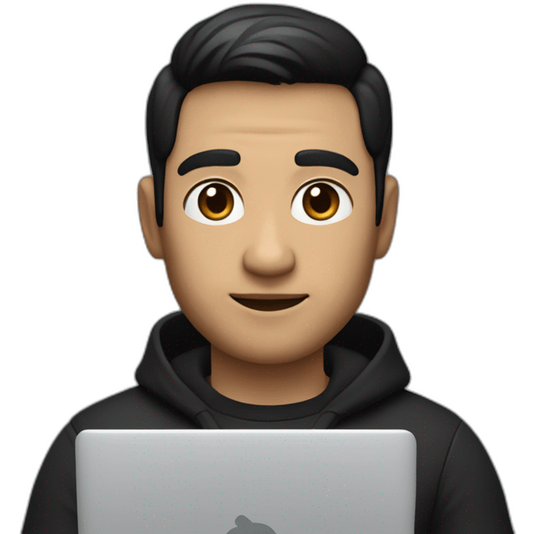     memoji of a man with a laptop in front, apple-style,modern,dark hair,black sweater,computer in hand, srilankan white skin, an avatar image gonna be round  emoji